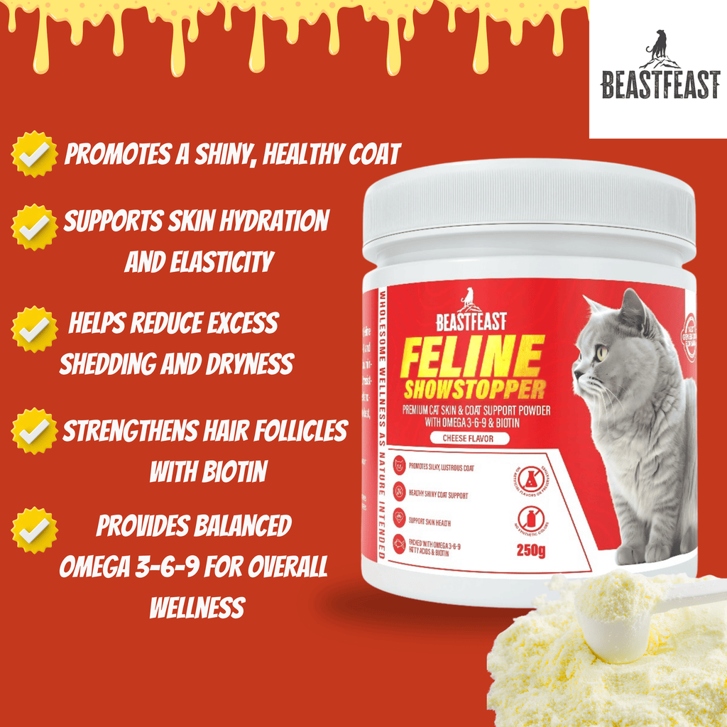 Beast Feast Feline Showstopper - Premium Cat Skin & Coat Support Powder with Omega 3-6-9 & Biotin
