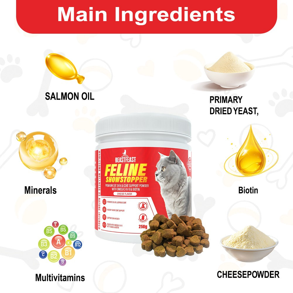 Beast Feast Feline Showstopper - Premium Cat Skin & Coat Support Powder with Omega 3-6-9 & Biotin